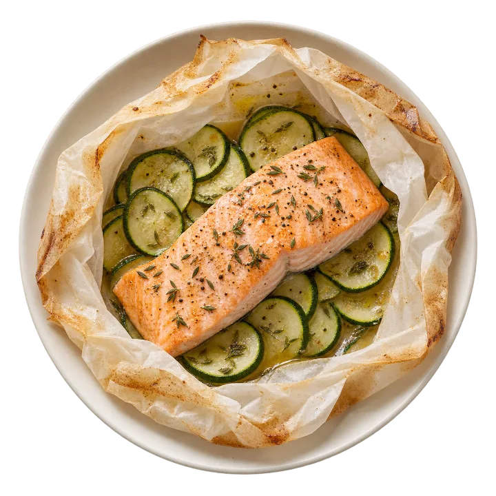 Pavé de saumon sur des rondelles de courgette, en papillote