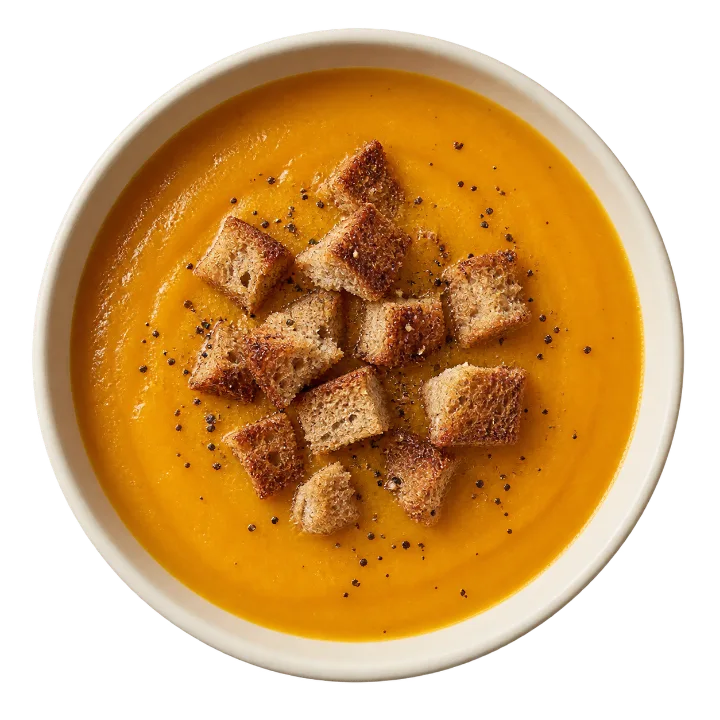 Soupe de potiron orange, parsemée de croûtons dorés